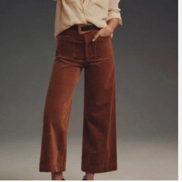 Anthropologie Maeve Colette Cropped Wide-Leg Corduroy Pants Carmel - Picture 2 of 16
